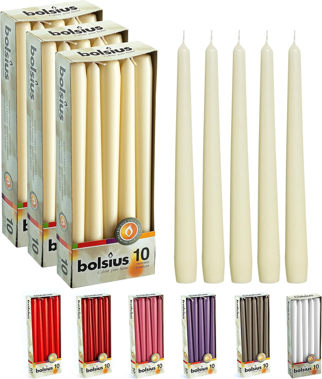 BOLSIUS Long Household Ivory Taper Candles - 10-inch Unscented Premium Quality Wax - 8 Hours Long Burning Dripless Candles Bulk Pack of 30 for Home Décor, Wedding, Parties and Special Occasions