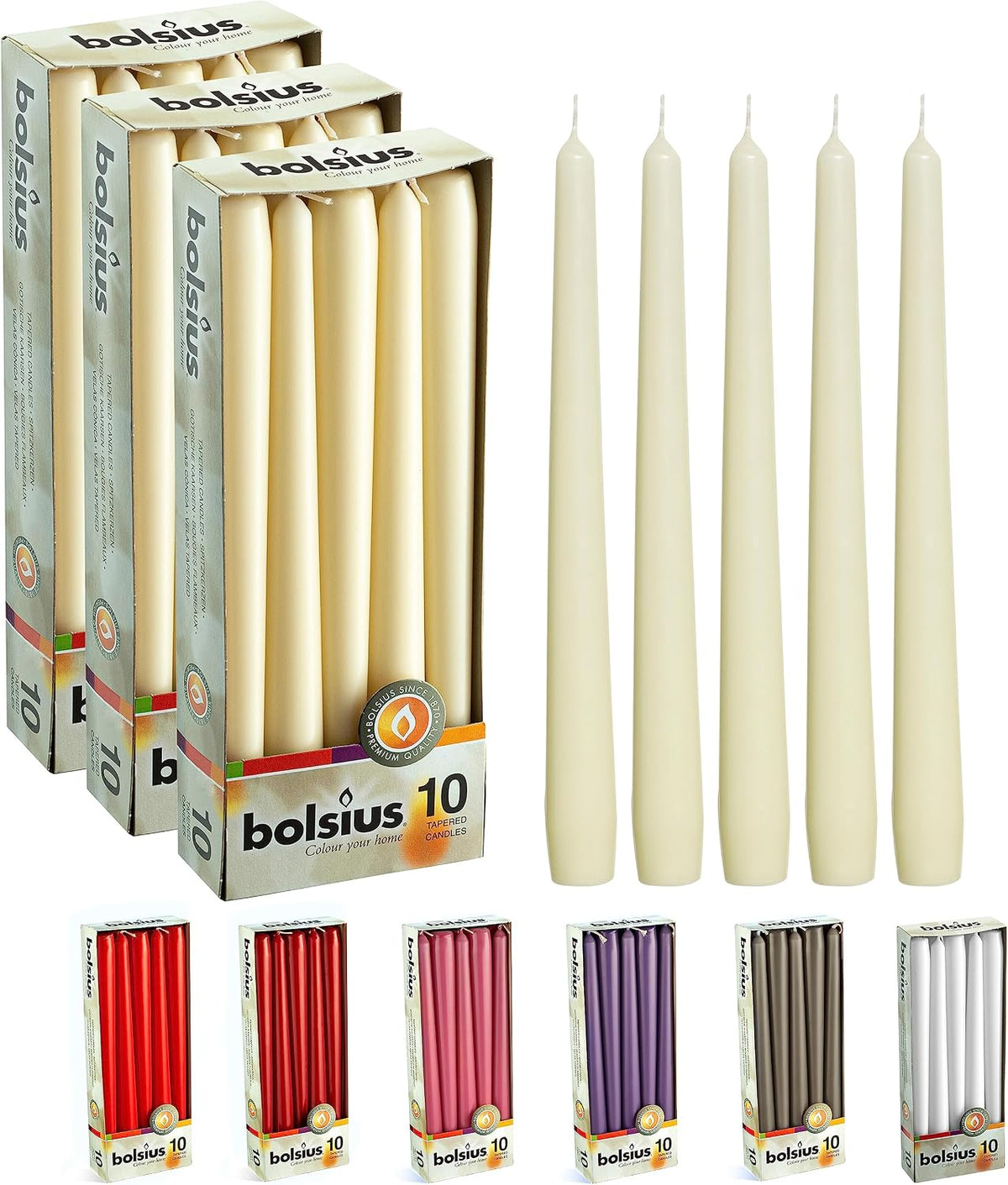 BOLSIUS Long Household Ivory Taper Candles - 10-inch Unscented Premium Quality Wax - 8 Hours Long Burning Dripless Candles Bulk Pack of 30 for Home Décor, Wedding, Parties and Special Occasions