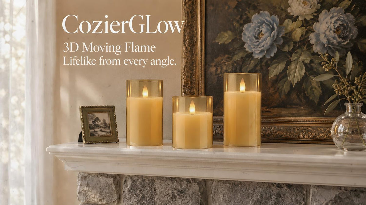 Glass Flameless Pillar Candles Flickering with Remote Timer, Battery Operated LED 3D Moving Flame Real Wax Candles,Remote Included (Champagne)