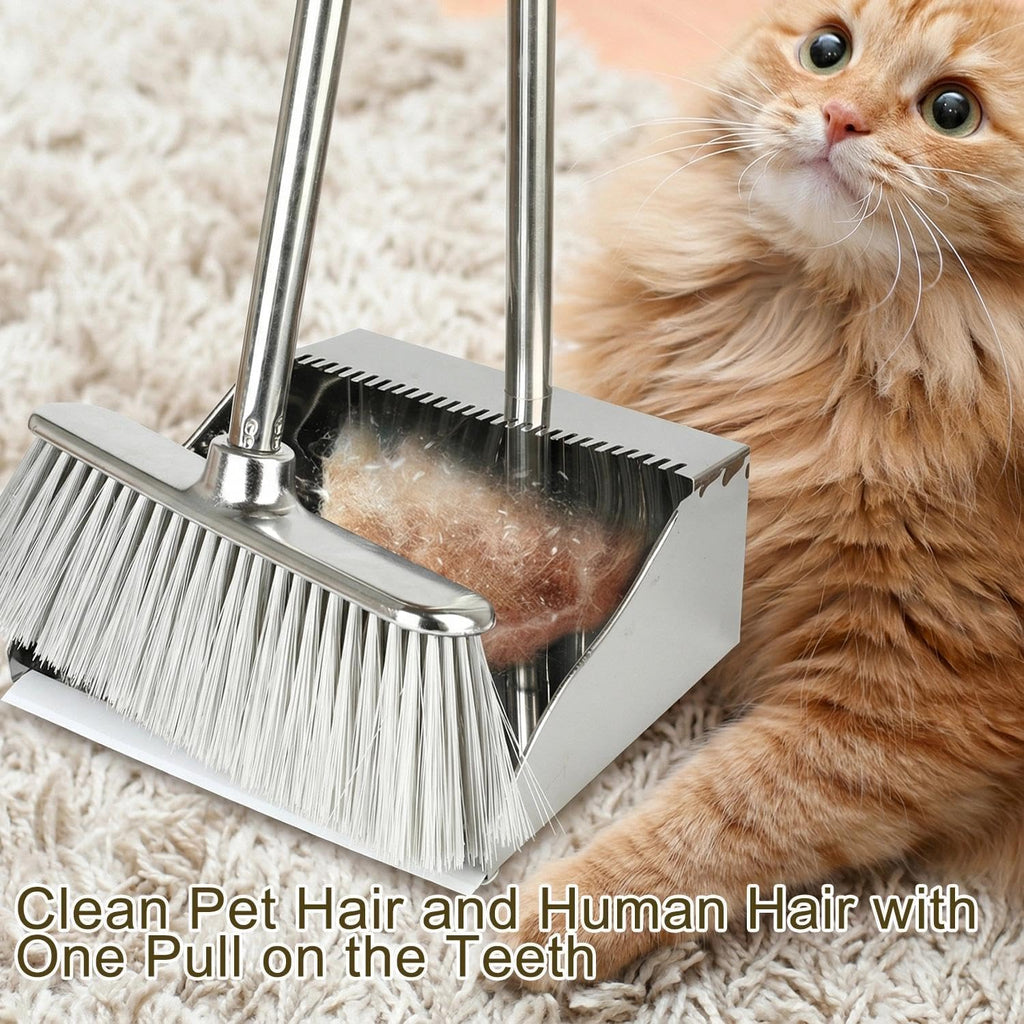 Metal Dust Pan with Long Handle, Stainless Steel Standing Dustpan