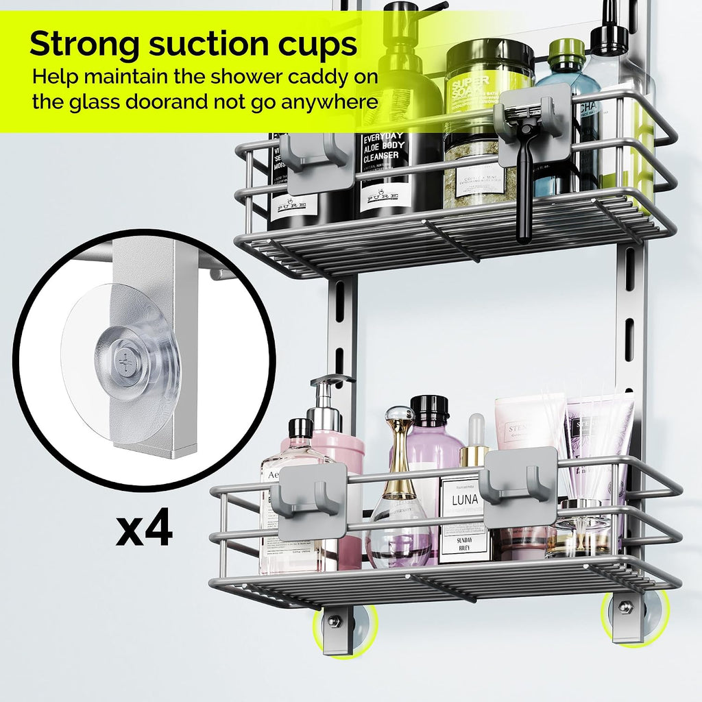 Orimade Over The Door Shower Caddy Adjustable 3 Tier Silver,Bathroom Hanging Organizer Shelf Rustproof with 4 Hooks,Shower Basket with Soap Holder and Suction Cup
