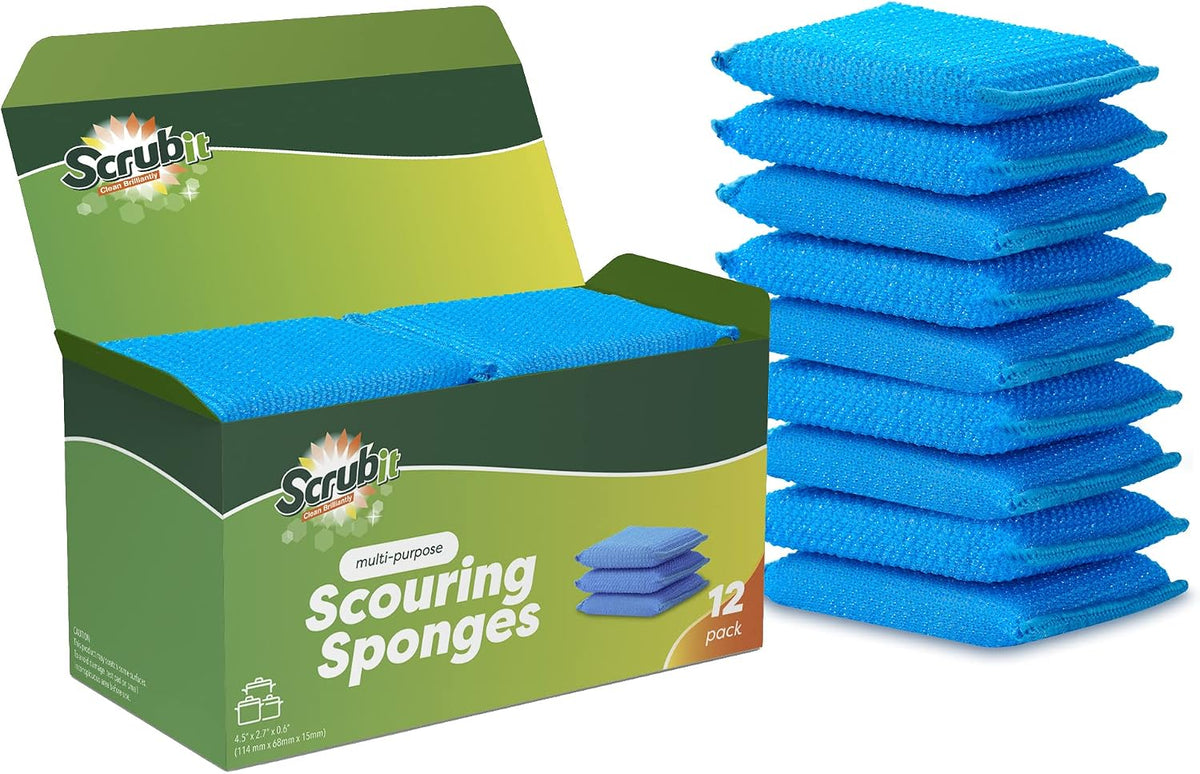 SCRUBIT Multi-Purpose Dish Scrub Sponge, Non Scratch Scouring Pads, Cleaning Sponges for pots, Dishes, & Non-Stick Cookware - Pot Scrubber Sponges for Kitchen & Bathroom - 12 Pack Dish Sponge - Blue