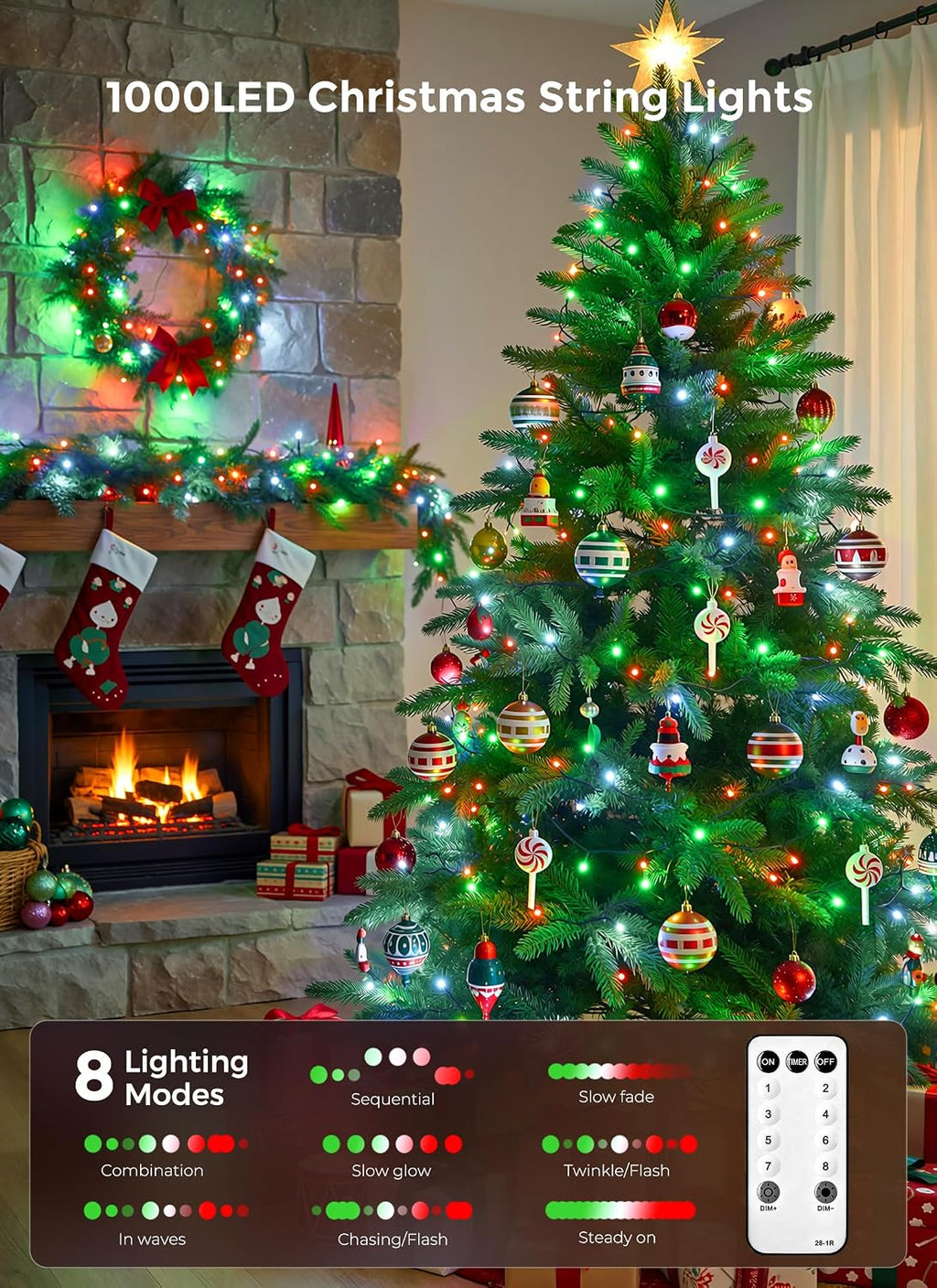 Brightown 330FT 1000LED Christmas String Lights Outdoor Red White and Green