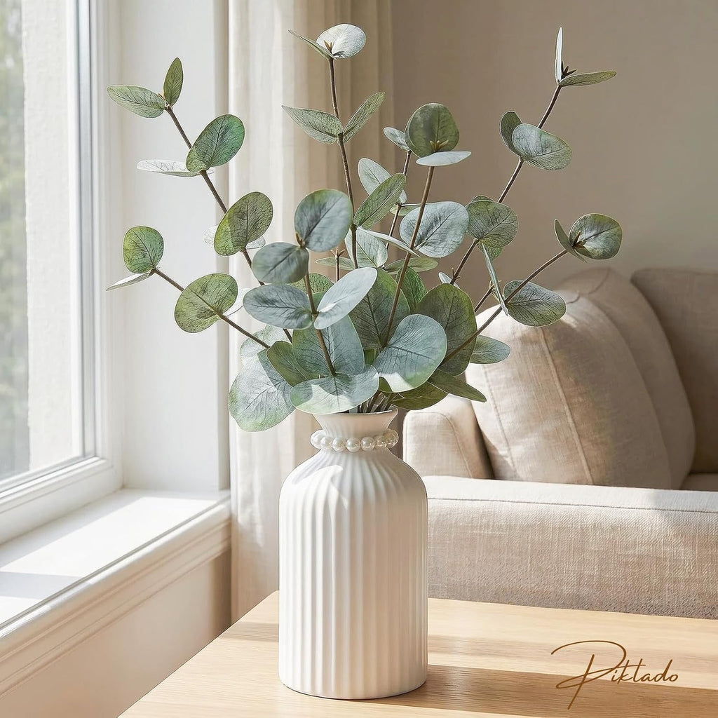 Artificial Eucalyptus Stems in Vase, Faux Plants with Frosted Ceramic Vase, Nordic Style Fake Green Plants with Bottle Set for Home Decor Indoor Centerpiece (Green Eucalyptus with White Vase)