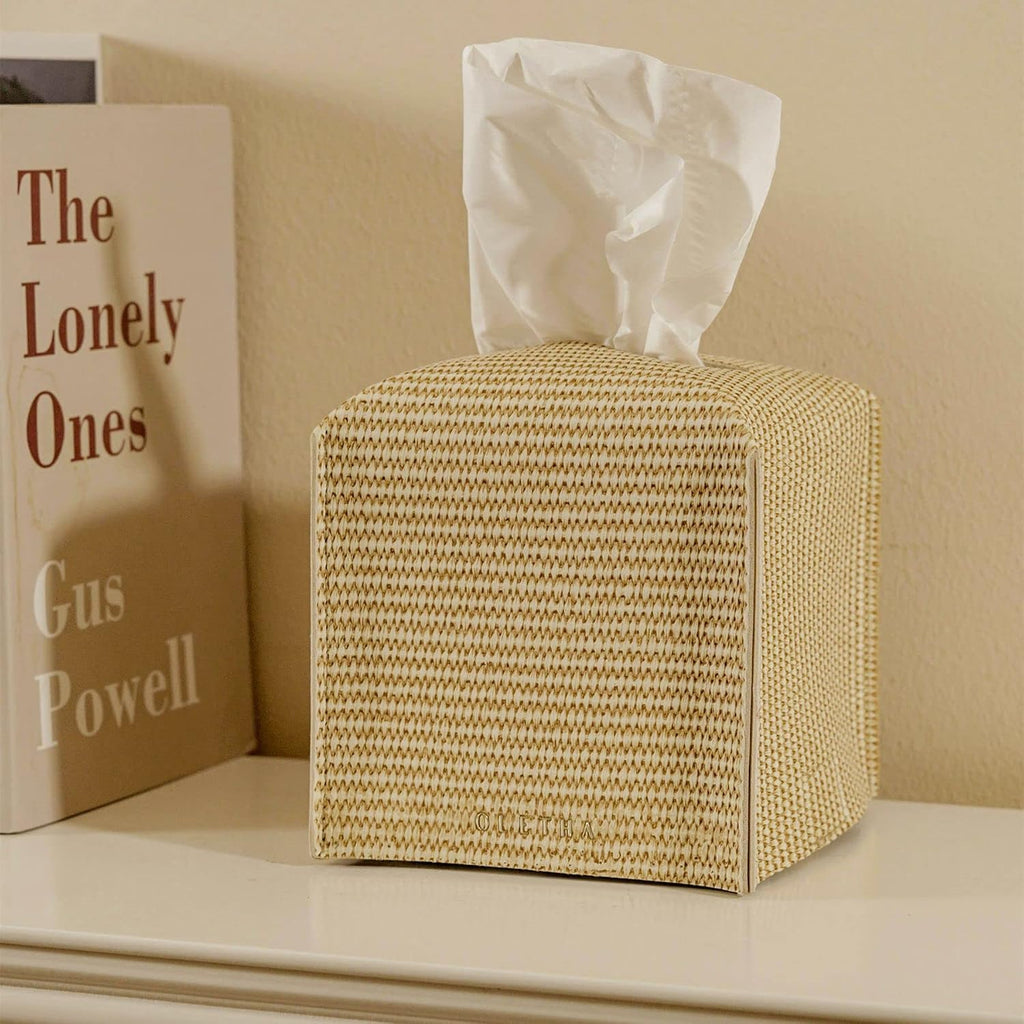 OLETHA Square Tissue Box Cover, Desk Decor, Rattan Embossing, 2 Pack
