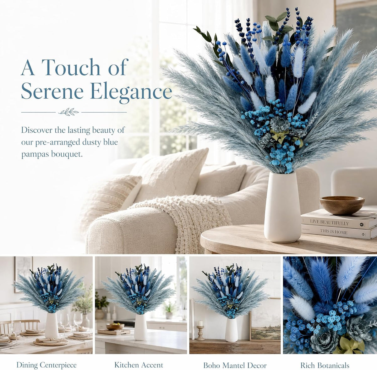 Umero Dusty Blue Pampas Grass Bouquet, 17" Boho Dried Flower Arrangement