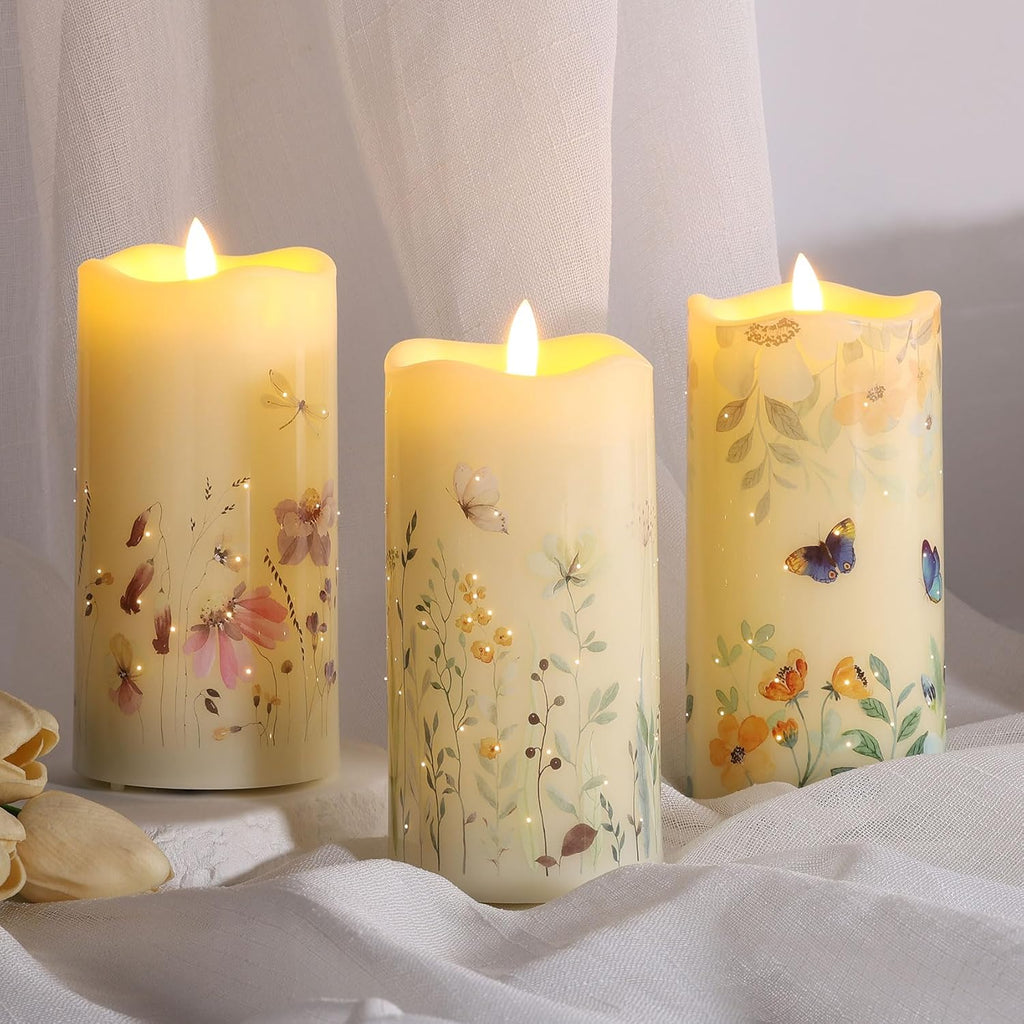 Eywamage Butterfly Fiber Optic Flameless Pillar Candles with Remote 3 Pack