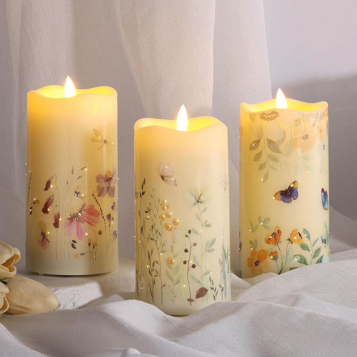 Eywamage Butterfly Fiber Optic Flameless Pillar Candles with Remote 3 Pack