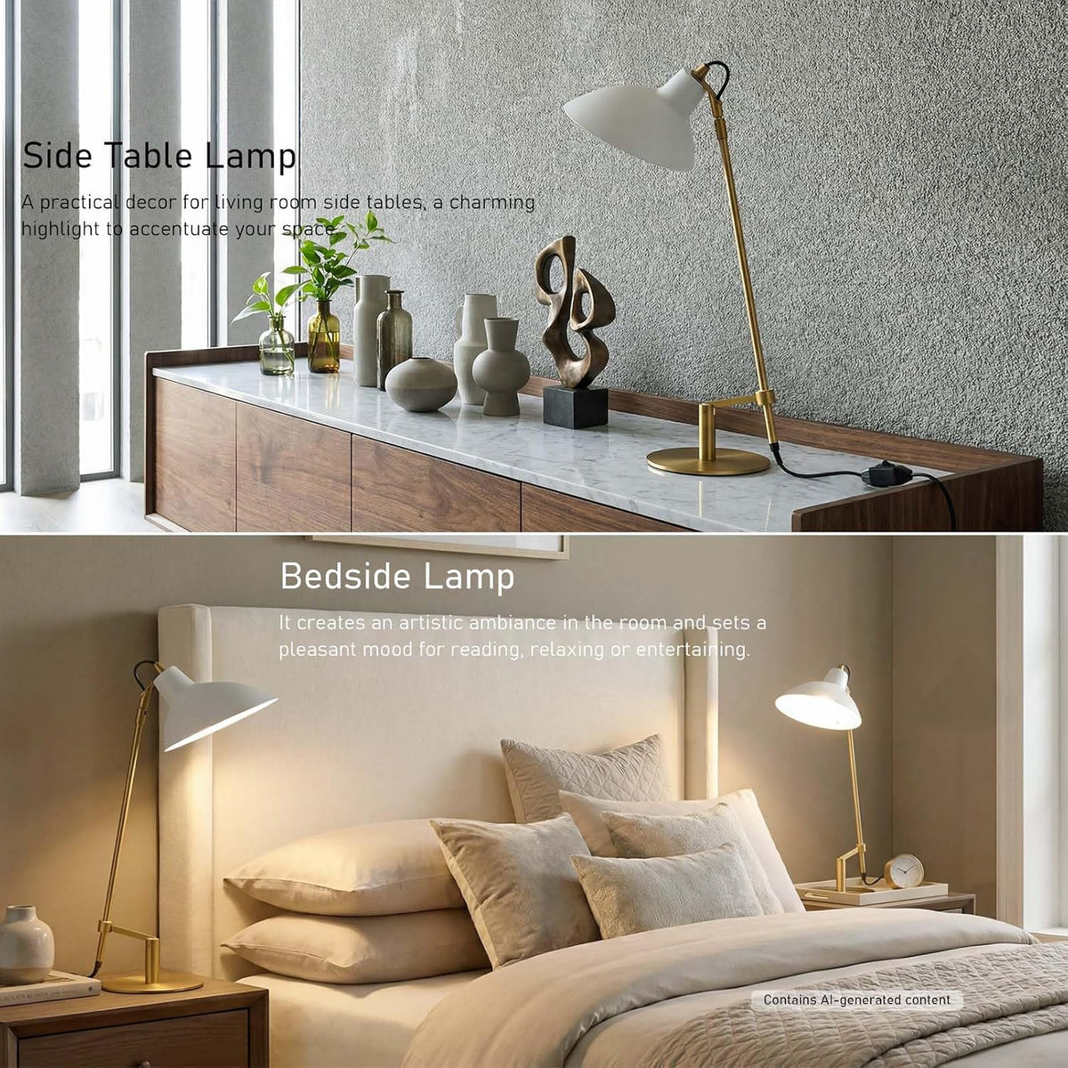 Desk Lamp Modern Industrial 100% Metal Adjustable Table Lamp 24", Natural Light (4000K) with Dimmer, Ideal for Office Bedroom Study Room Living Room Nightstand Bedside Lamps White+Brass