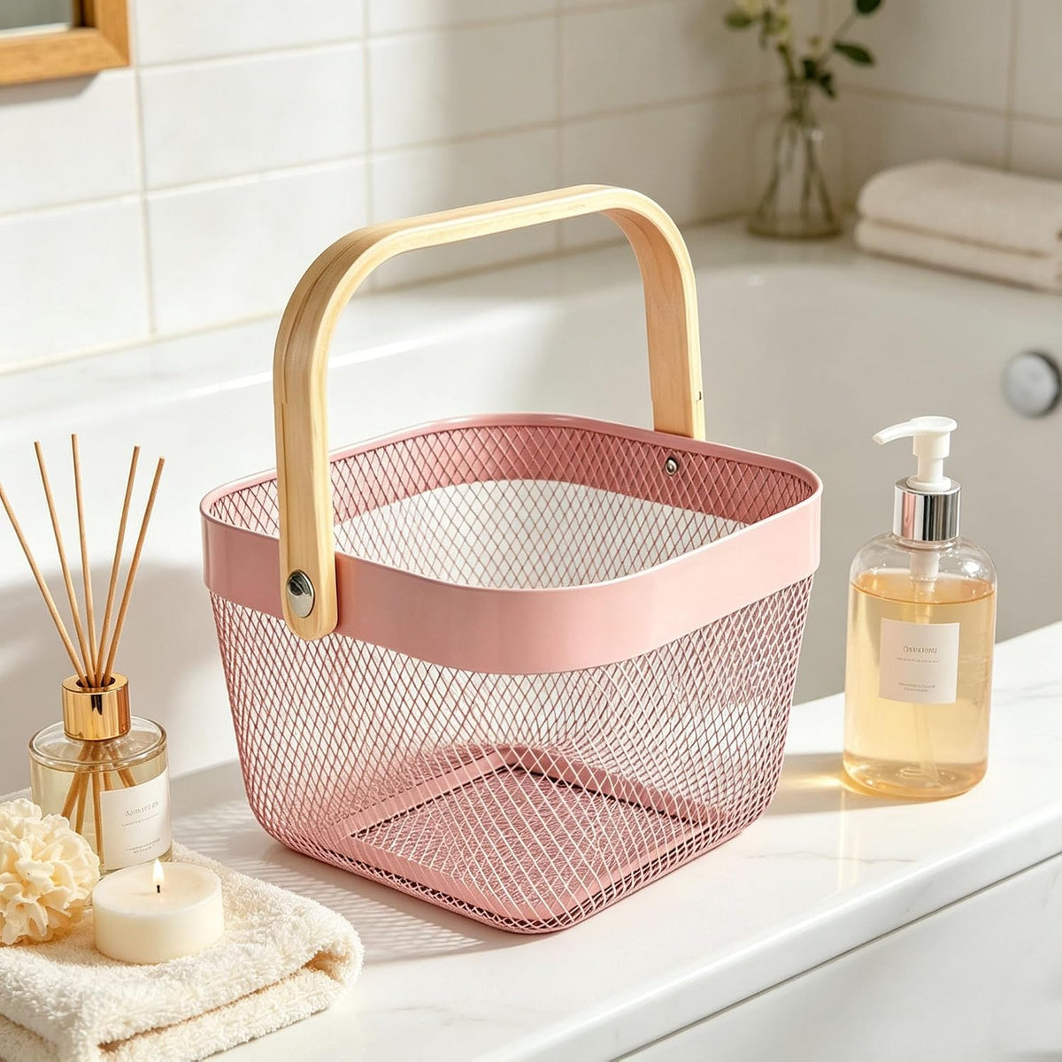 AJIODA Metal Mesh Wire Basket, Small Steel Basket with Wooden Handle Storage Organizer Basket Multi-functional Hanging Kitchen Baskets Fruit Baskets for Kitchen Bathroom Cabinet Pantry, Rose Pink