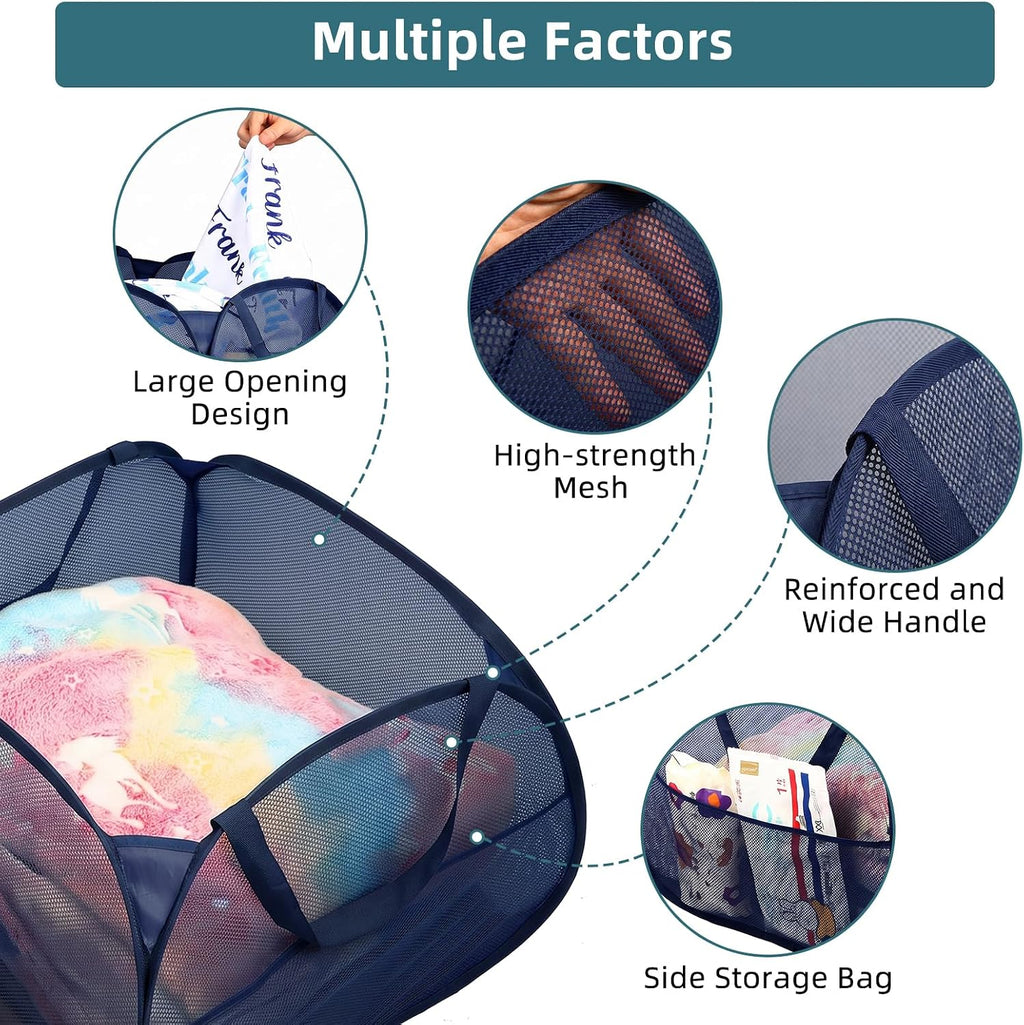2 Pack Collapsible Foldable Laundry Baskets, 90L Large Durable Mesh Pop Up Hampers for Bedroom, Bathroom, Dorm, Laundry Room, Travel - Navy
