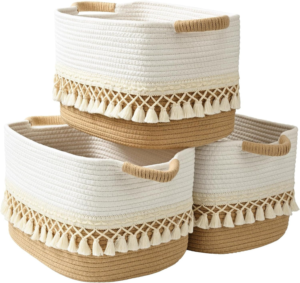 3 Pack Storage Basket for Shelves, Boho Cotton Rope Storage Bins with Heavy Tassel, Shelf Baskets Large Woven Baskets for Organizing, Cube Organizer Bins, Baby Laundry Basket for Clothes, Toys, Pets