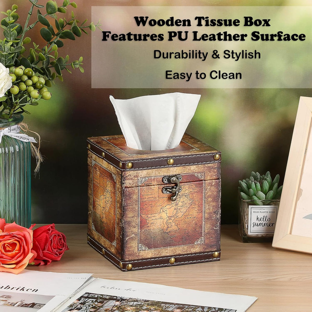 Kokone Rustic Wooden Aesthetic Tissue Box Cover with PU Leather Surface