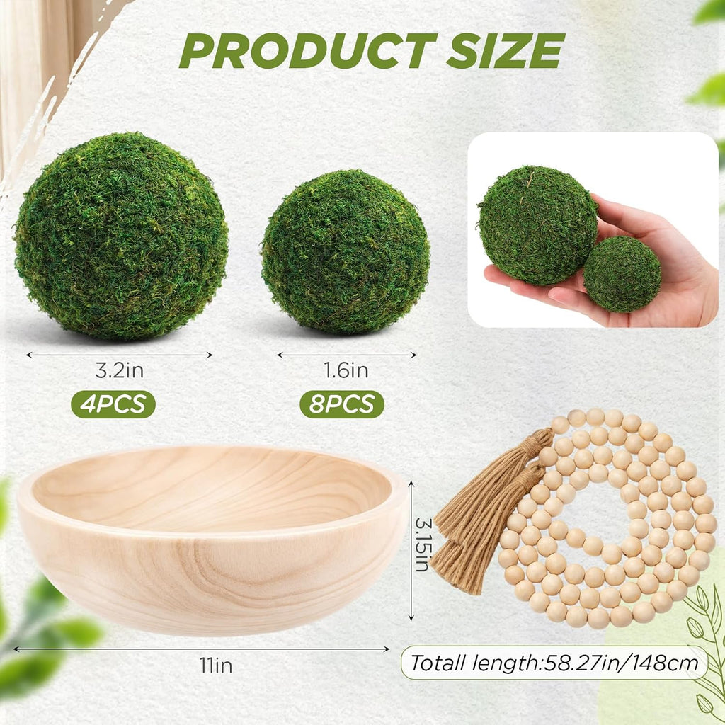 SiliFine 14 Pcs Rustic Table Decor Set, Wooden Bowl with Moss Balls, White
