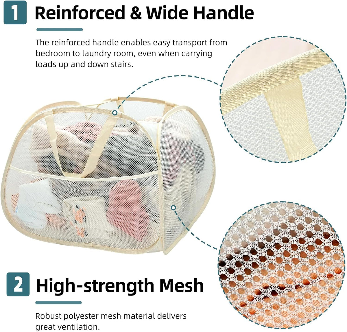Collapsible Laundry Baskets, 90L Large Foldable Laundry Basket, Durable Mesh Pop Up Hampers for Laundry, Dirty Clothes Laundry Hamper for Bedroom, Bathroom, Dorm, Laundry Room, Travel, Camping Beige