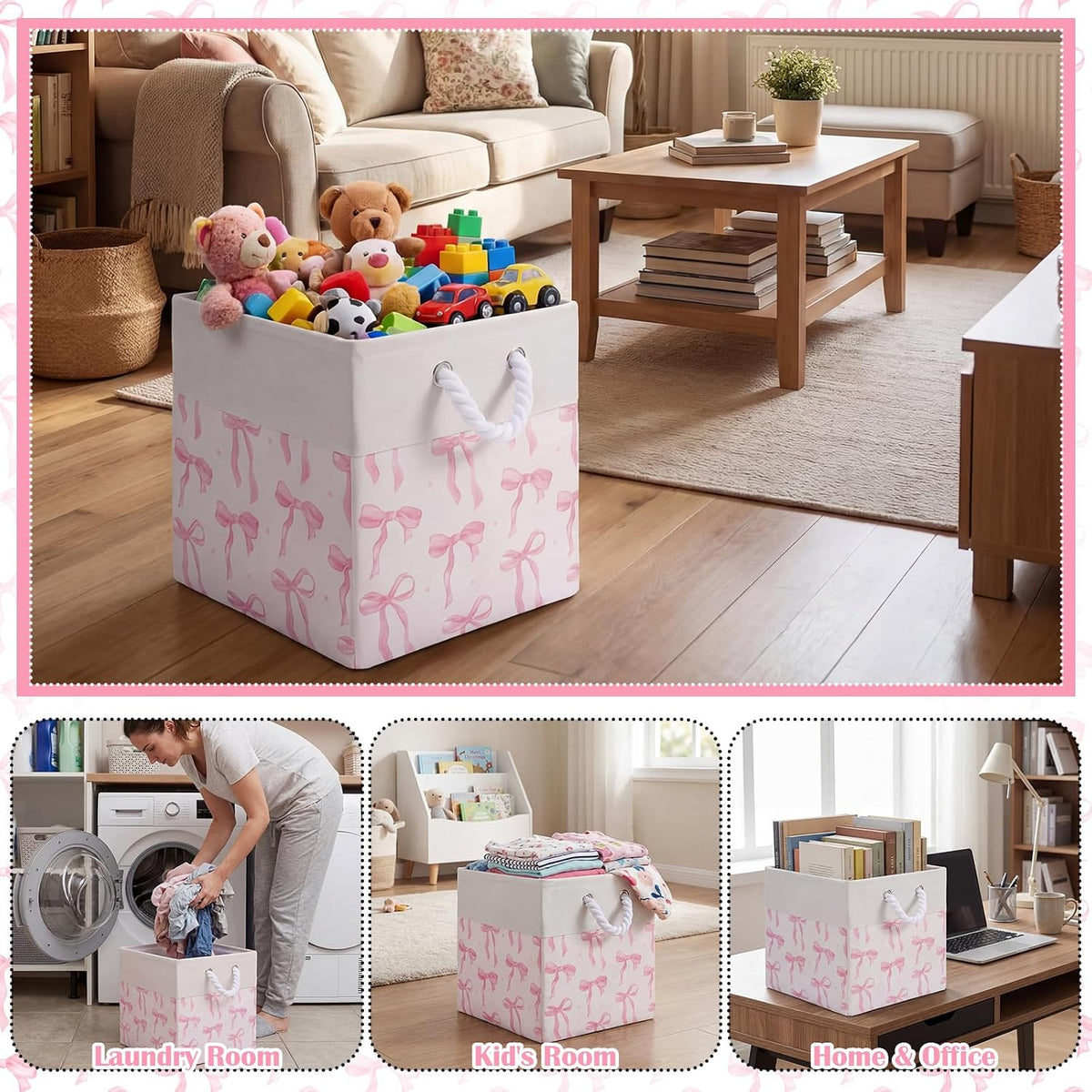 Light Pink Bow Cube Storage Bin Set of 6 Cube Storage Basket, 11.22 Inch