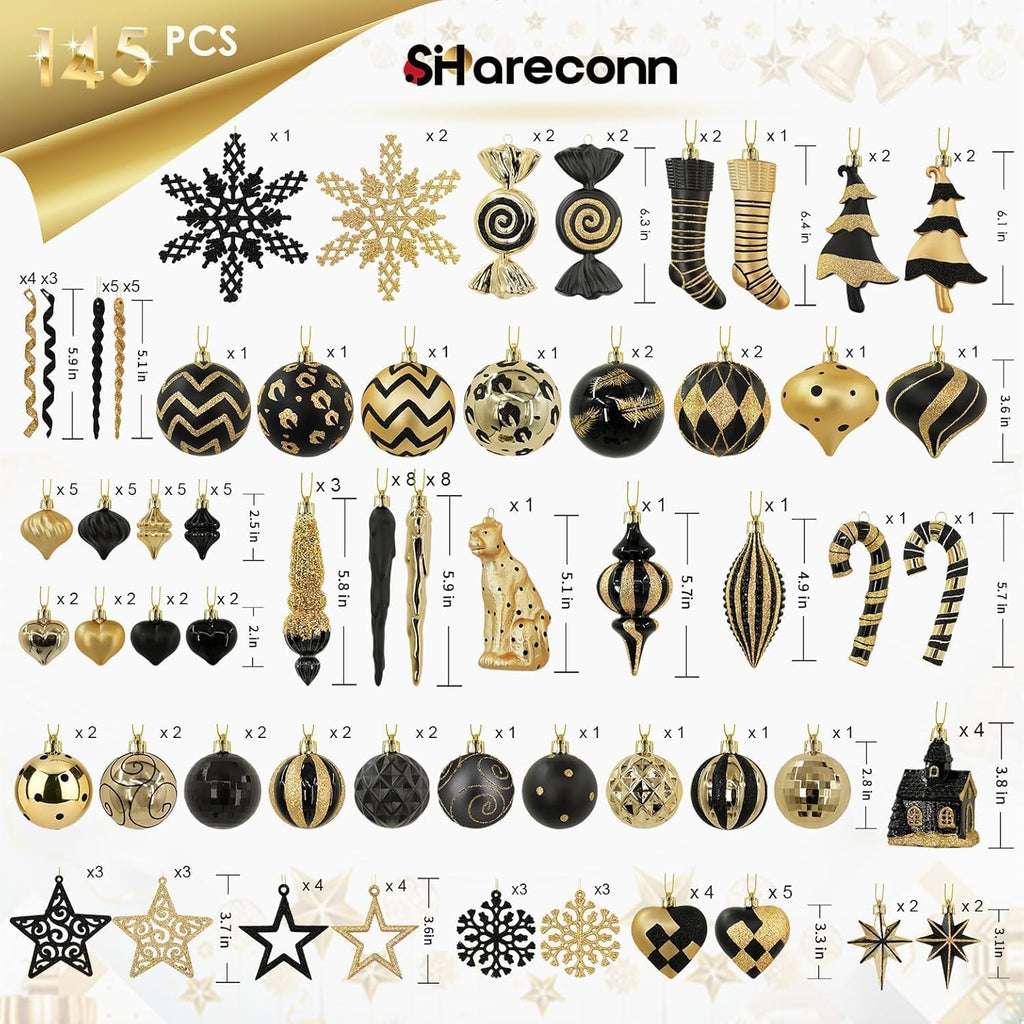 SHareconn 145pcs Christmas Balls Ornaments Set, Shatterproof Plastic Baubles Snowflakes, Xmas Tree Holiday Wedding Party Decorations with Hanging Strings, Gold and Black