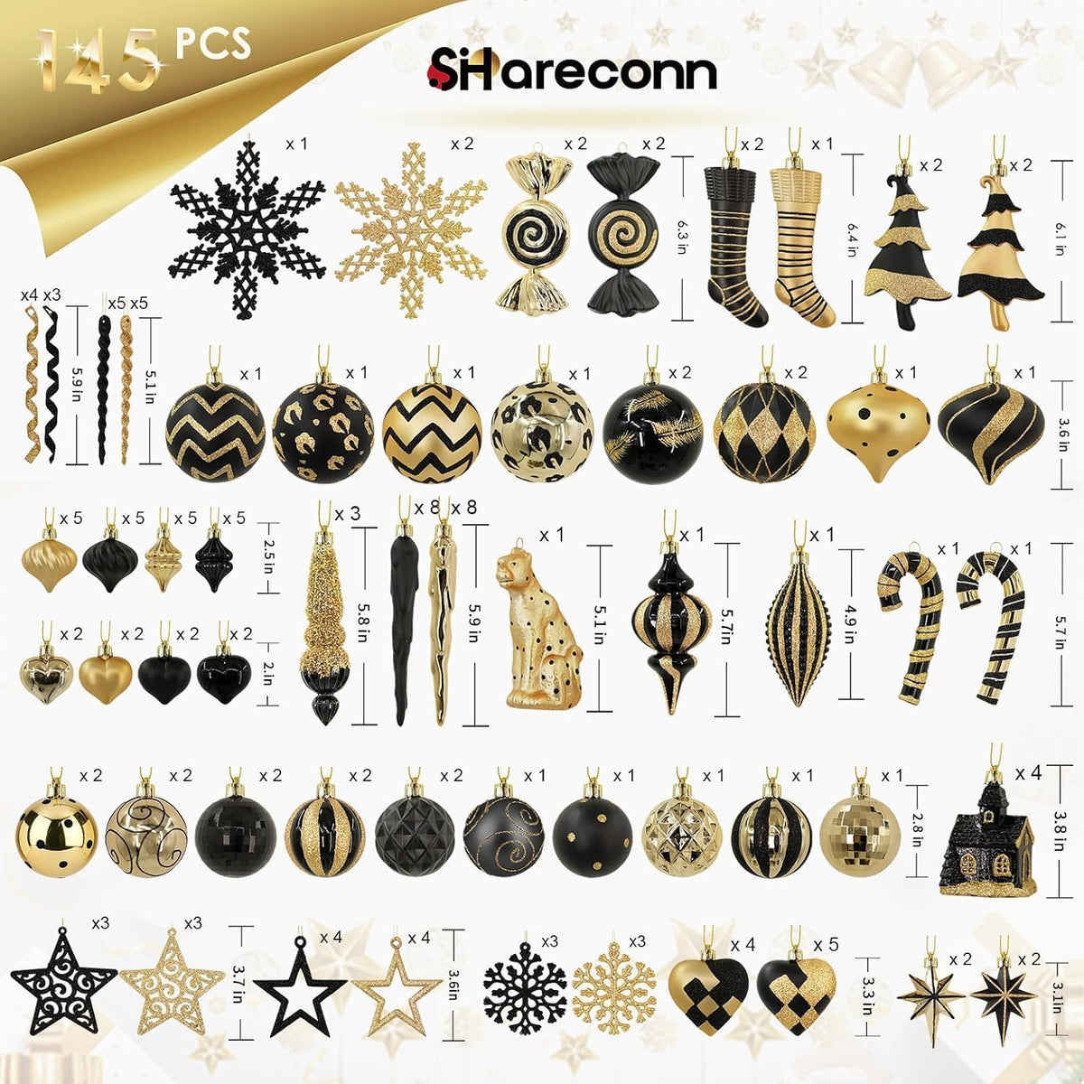 SHareconn 145pcs Christmas Balls Ornaments Set, Shatterproof Plastic Baubles Snowflakes, Xmas Tree Holiday Wedding Party Decorations with Hanging Strings, Gold and Black