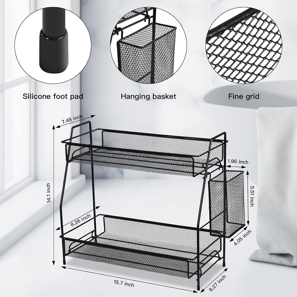 LEMIKKLE Large Countertop Organizer for Bathroom Counter, Bathroom Organizers and Storage, Under Sink Organizer Spice Rack Organizer for Kitchen with Basket(Black)