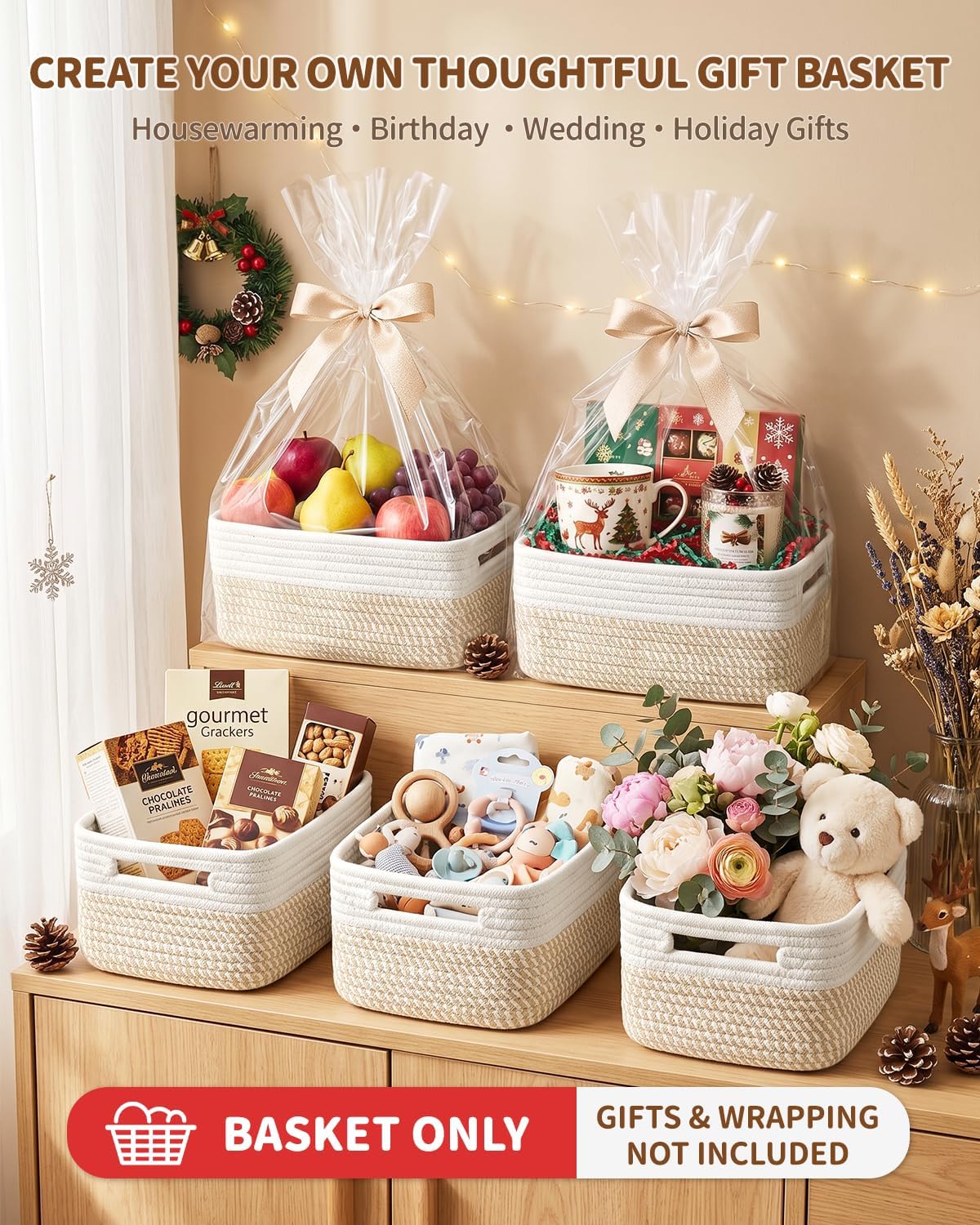 5 Decorative Small Woven Storage Basket Containers with Handles