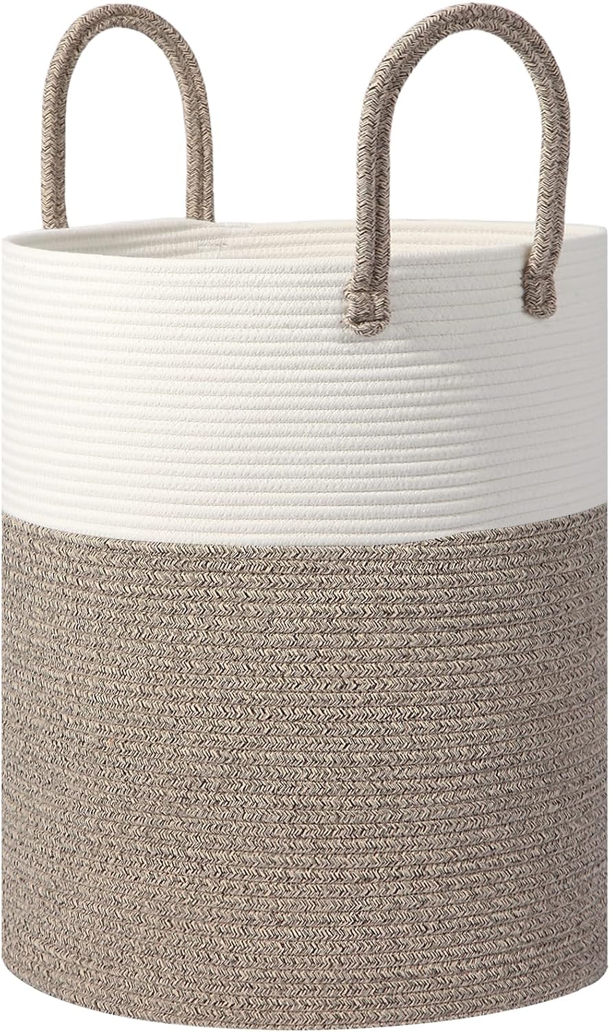 Large 60L Laundry Basket Hamper, Woven Cotton Rope Basket with Handles, Blanket Basket for Living Room, Baby Nursery, Bedroom & Bathroom, 15"D x 20"H Decorative Clothes Hamper, White/Brown