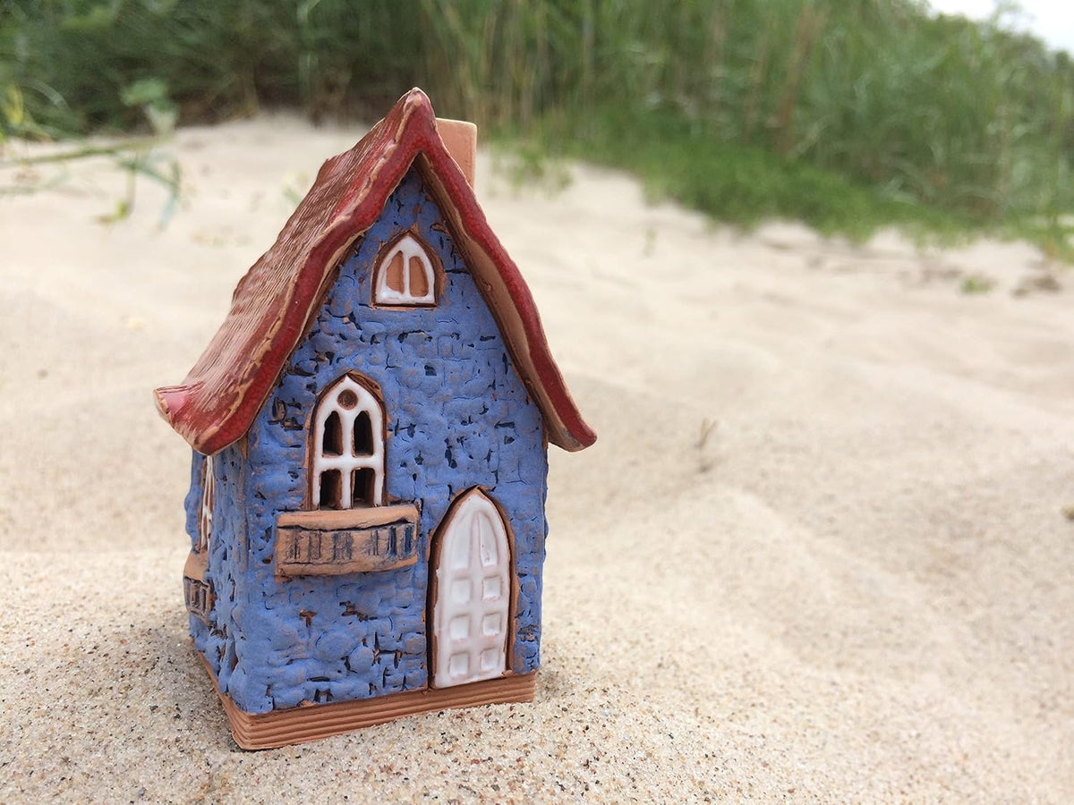 Ceramic Houses and Villages Collection - Handmade House Miniature Cone Incense Holder Burner Handcrafted Blue House Hand Painted R503