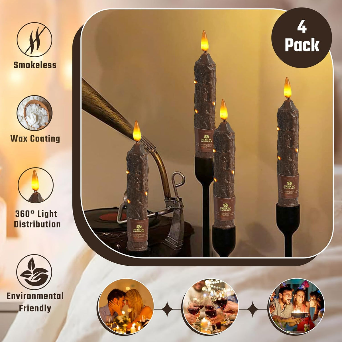 6.5 inch Flameless Brown Taper Candles Flickering with 10-Key Remote, Battery Operated Led Warm 3D Wick Light Window Candles Real Wax Pack of 4, Christmas Home Wedding Decor