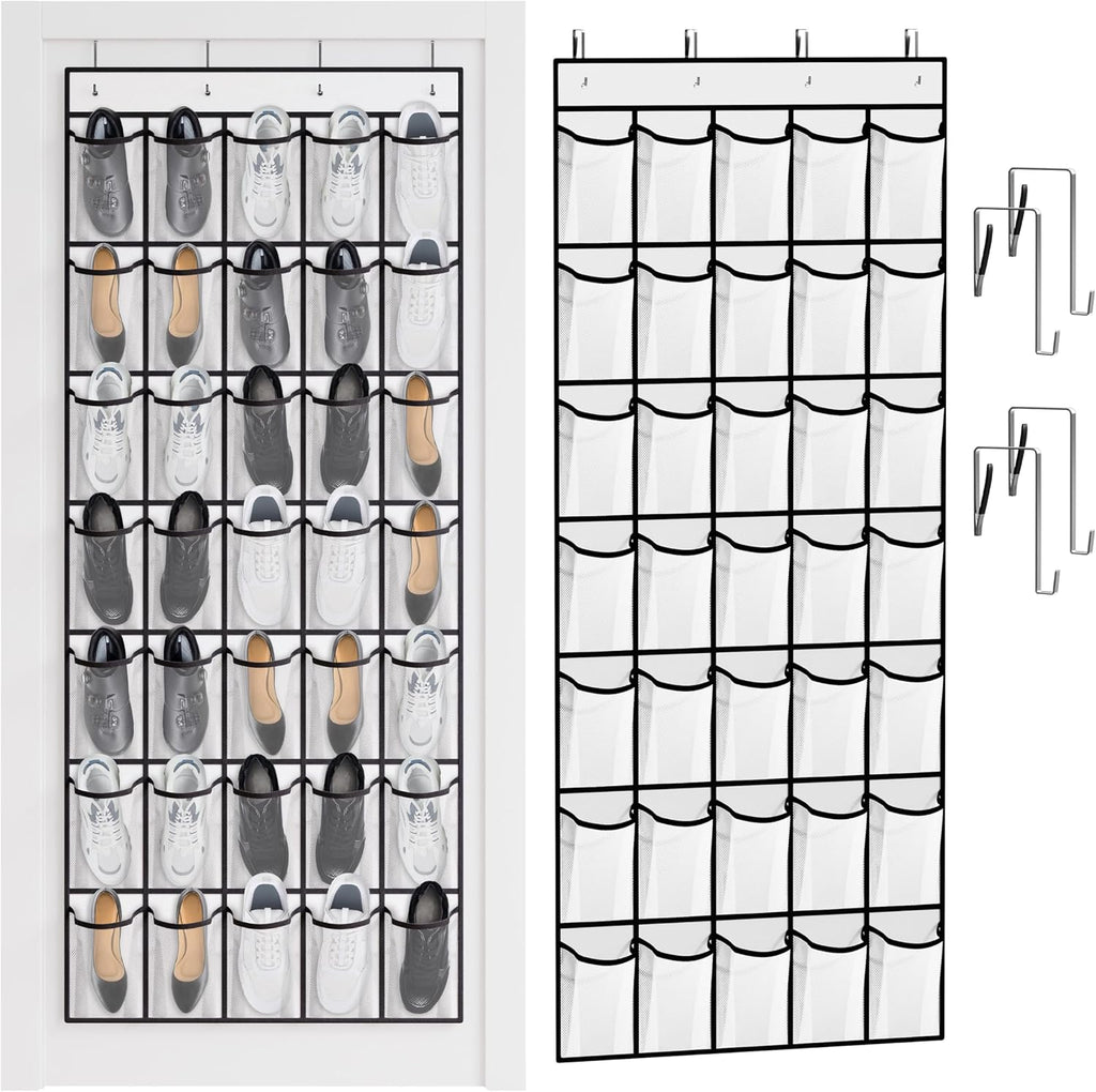 WVM Over the Door Shoe Organizer with 35 Breathable Mesh Pockets, Hanging Shoe Organizer for Door with 4 Metal Hooks, Large Capacity Closet Storage for Shoes, Accessories, White