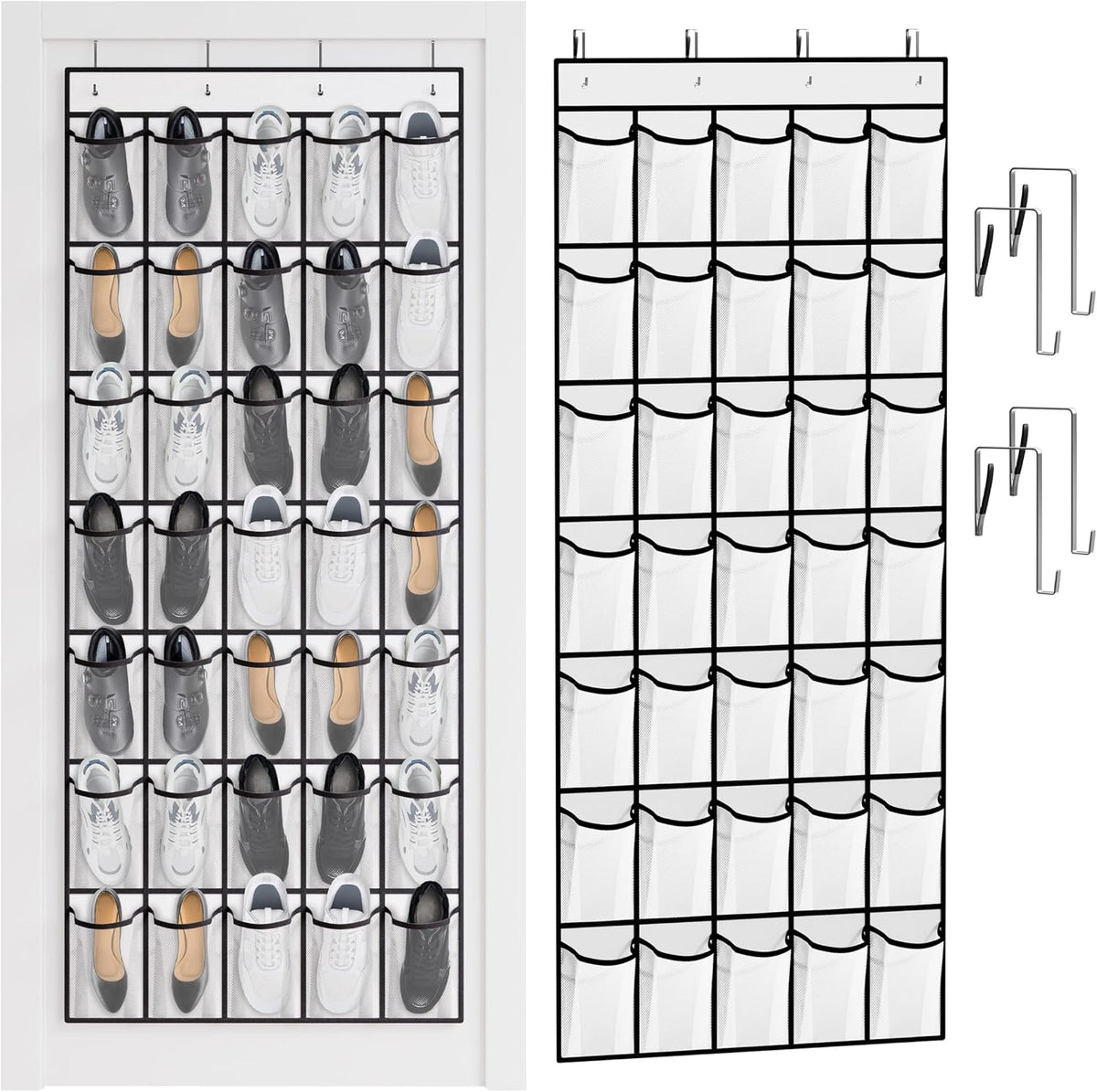 WVM Over the Door Shoe Organizer with 35 Breathable Mesh Pockets, Hanging Shoe Organizer for Door with 4 Metal Hooks, Large Capacity Closet Storage for Shoes, Accessories, White