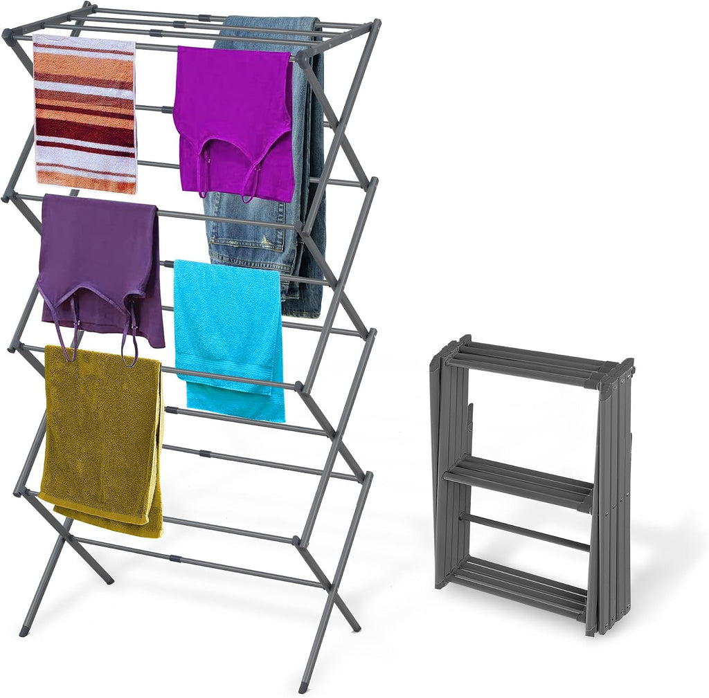 BLACK+DECKER 4-Tier Expandable Collapsible Clothes Drying Rack, Telescopic Height, Foldable Space-Saving Laundry Air Dryer for Towels, Shirts & Delicates – Durable Steel, No Tools Needed