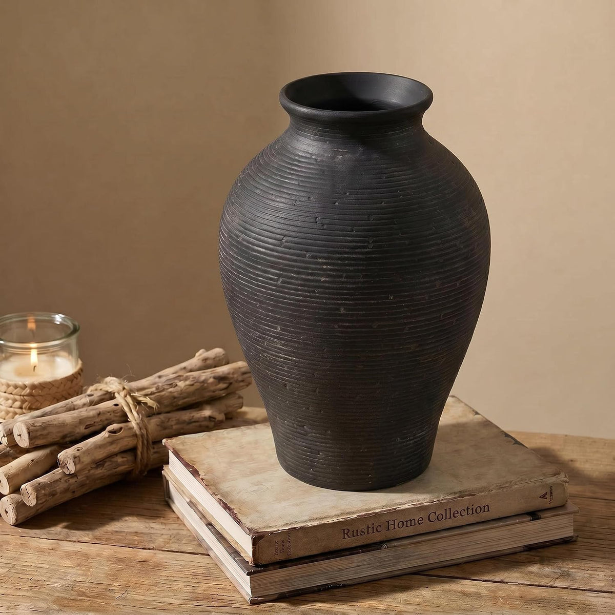 9.06 Inch Tall Vintage Ceramic Flower Vase, Rustic Farmhouse Vase for Home Decor, Distressed Decorative Terracotta Vase for Table Centerpiece Living Room Bathroom Bedroom (Black-9.06'')