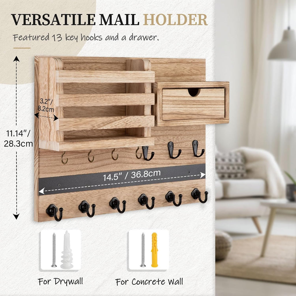 Nekon Key Holder Wall Mount with Drawer, 14.5" Mail Holder, Wood