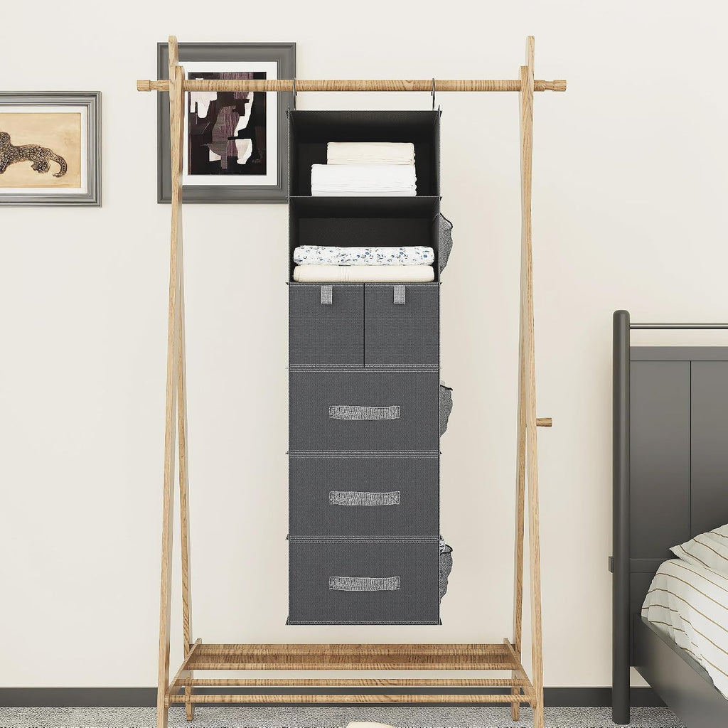 6-Shelf Hanging Closet Organizer with 5 Drawers, Non-Woven, Dark Gray