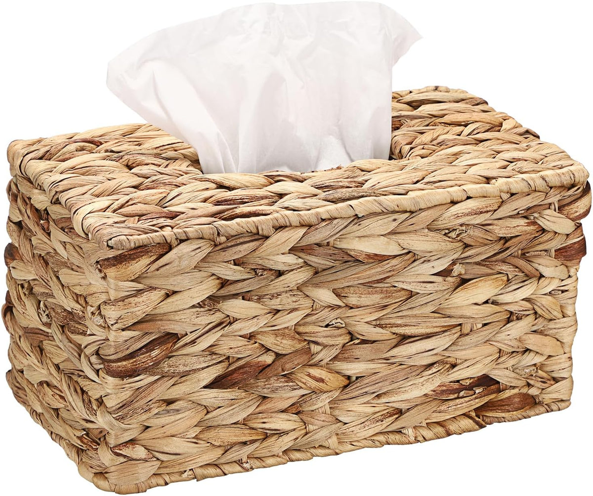 Sumnacon Rectangular Tissue Box Cover, Water Hyacinth Wicker Tissue Holder, Farmhouse Rustic Woven Tissue Dispenser with Open Bottom for Bathroom Kitchen Counter Toilet Desk Office Car, Natural (L)