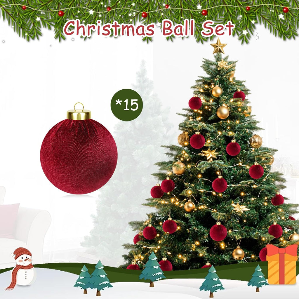 15 Pcs 3.15" Velvet Christmas Ornaments Balls, Xmas Tree Decor-Wine Red