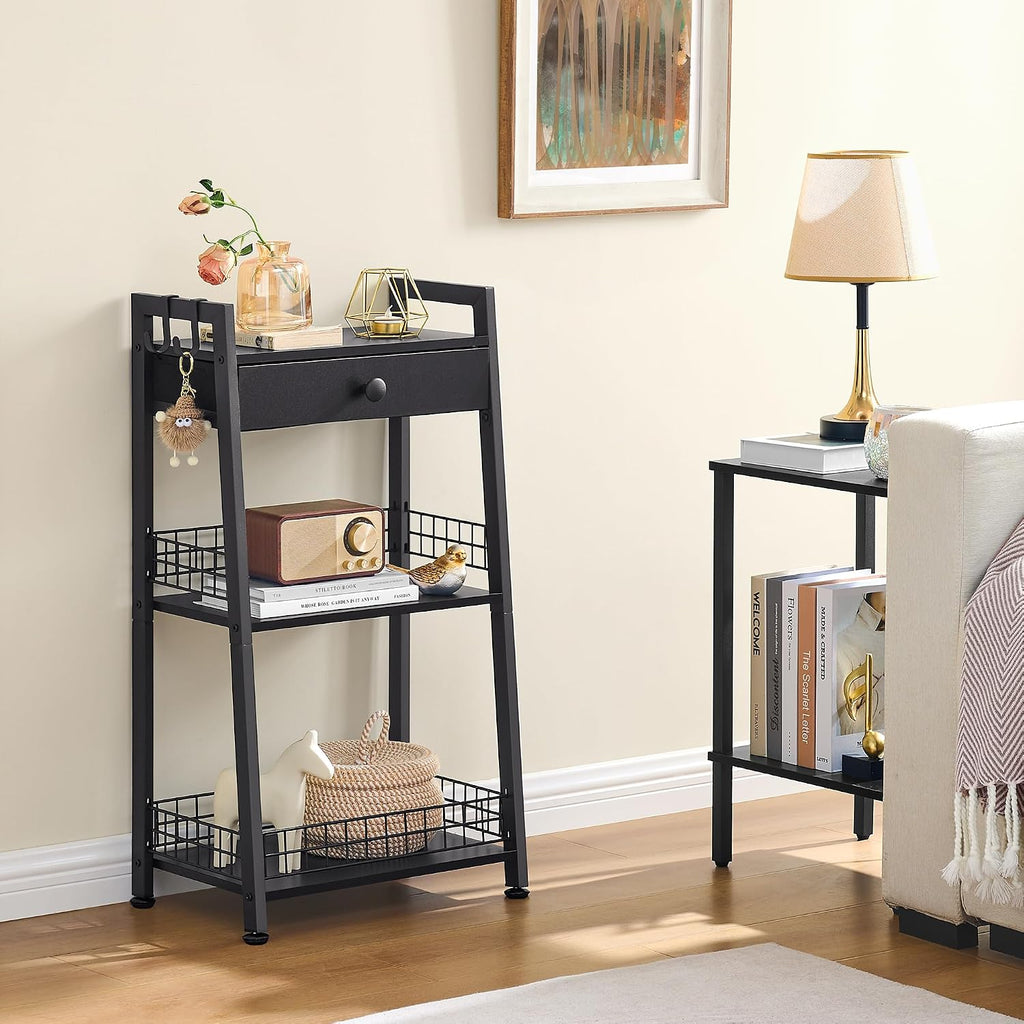Gewudraw Bathroom Ladder Shelf with Drawer, 3-Tier Bathroom Storage, Black