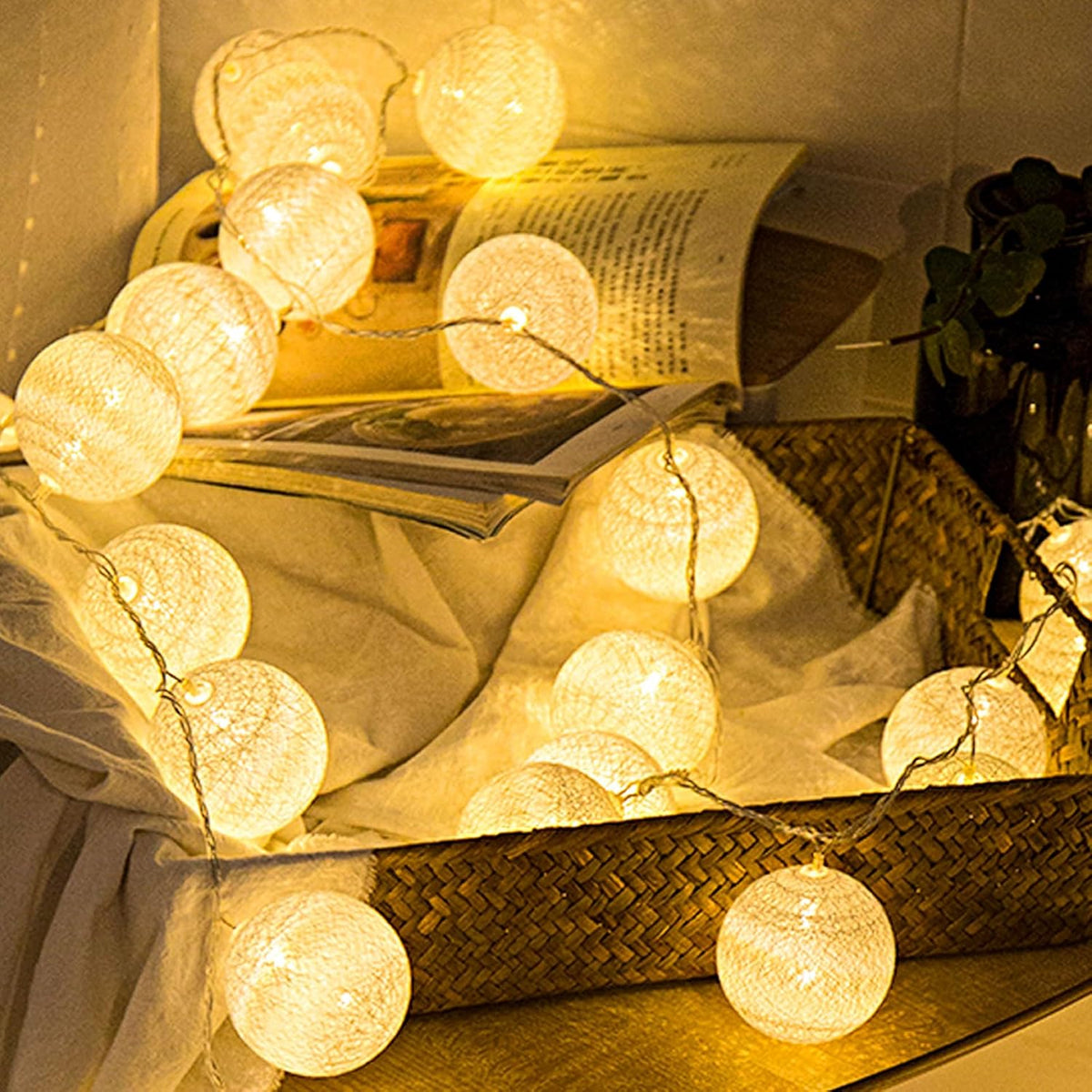 Anordsem Battery String Light Indoor: 6.88Ft/10 LED Cotton Ball Lanterns 2 Pack - Fairy Cozy Lighting Hanging Deco for Room Bedroom Party - Birthday Gifts for Babies Students Adults
