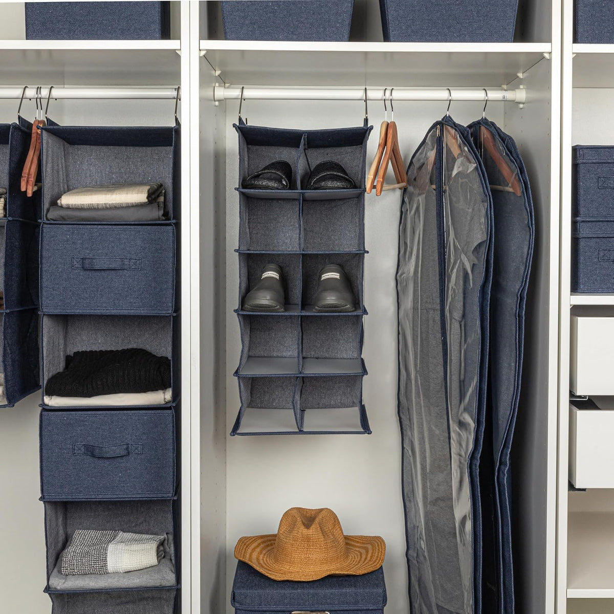 Household Essentials Hanging Cotton Blend and Plastic Closet Shoe Organizer with 10 Storage Compartments, Denim