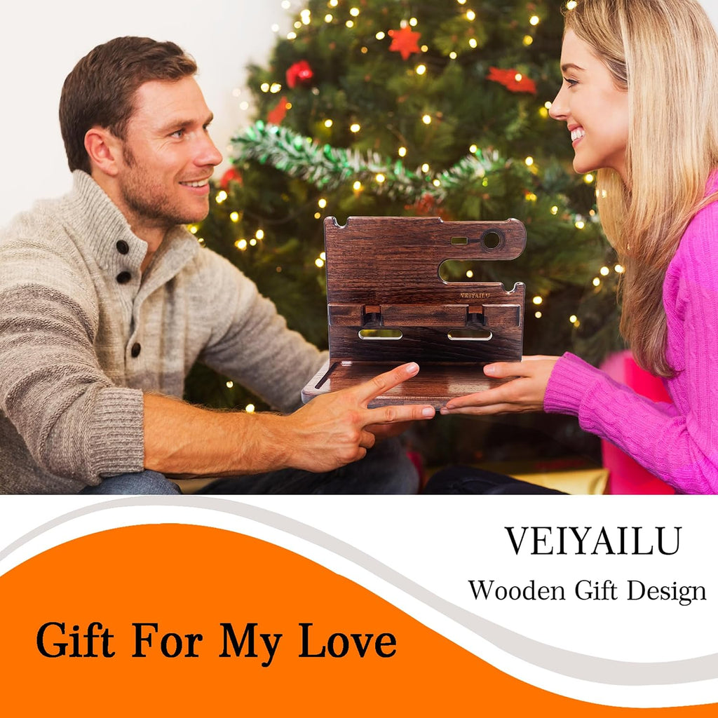 VEIYAILU Gifts for Men Women Dad Husband Son Boyfriend Him Desk or Nightstand Organizer Birthday Gifts Wood Phone Docking Station Anniversary Idea from Wife - Key Holder, Watch (Dark Brown)