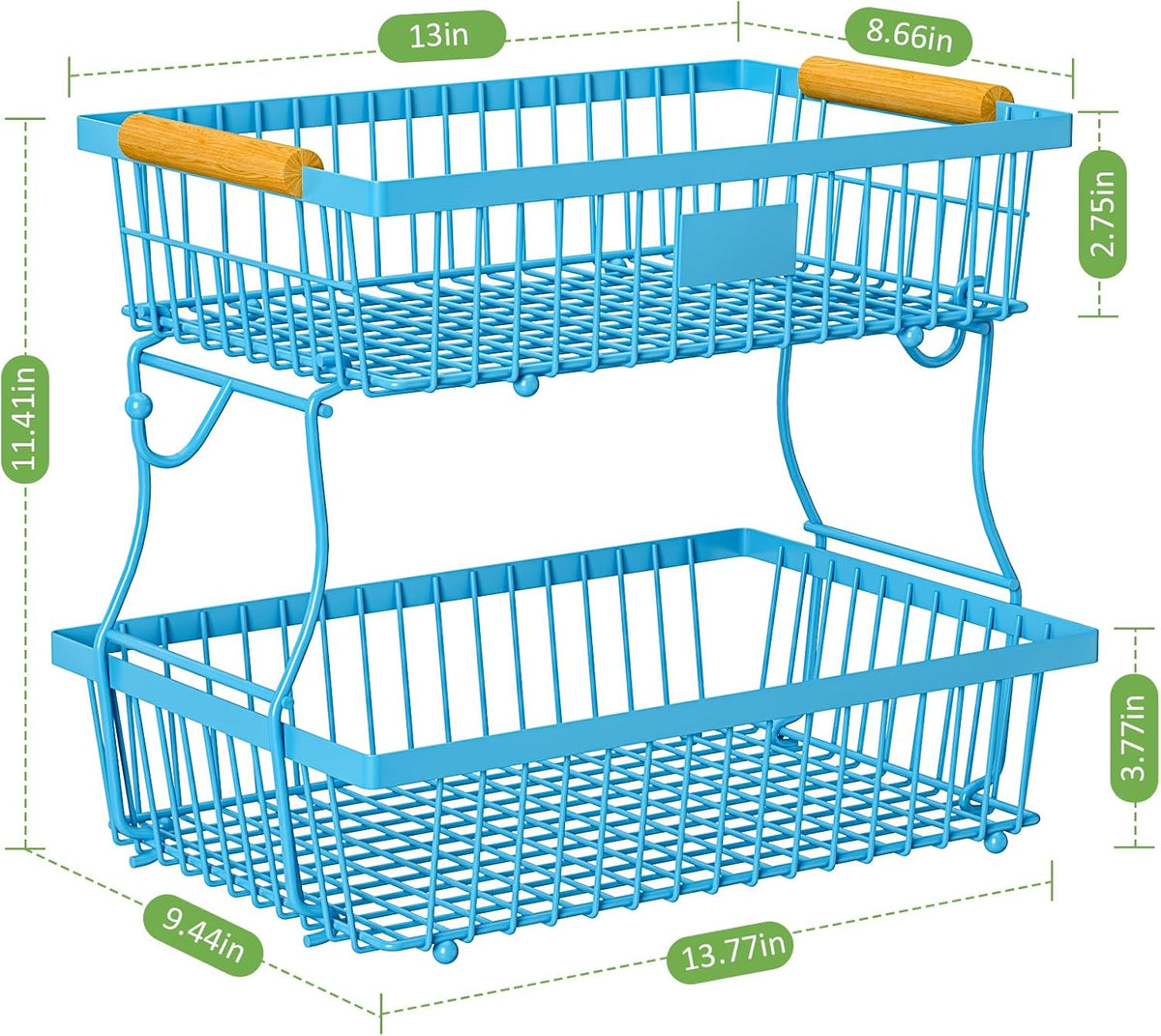 2 Tier Fruit Basket for Kitchen Counter with 2 Banana Hangers, Countertop Metal Bread Basket with Wooden Handle, Large Storage Stand for Vegetables, Snacks, Eggs, Produce Storage – Blue