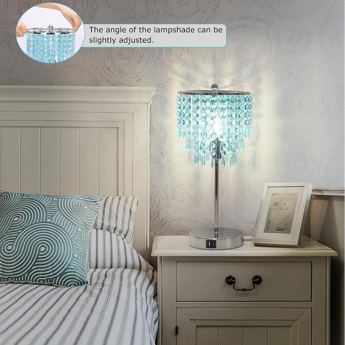 Touch Control Crystal Table Lamp, 3-Way Dimmable Lamp with USB A+C Ports