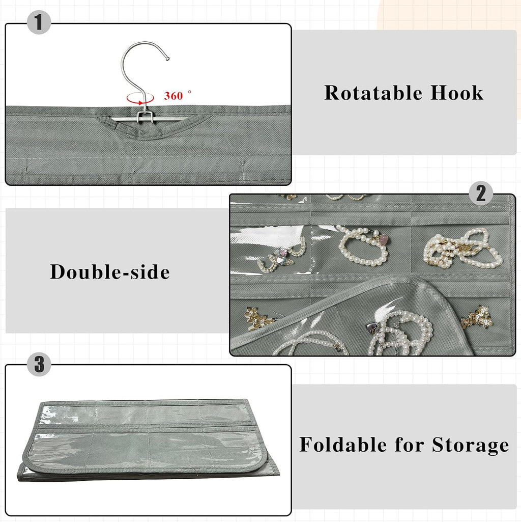 Hanging Jewelry Organizer 80-Pocket Double-Sided Storage, 2-Pack, Gray