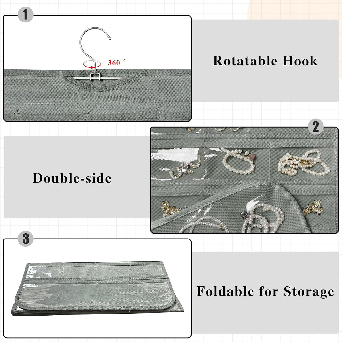 Hanging Jewelry Organizer 80-Pocket Double-Sided Storage, 2-Pack, Gray