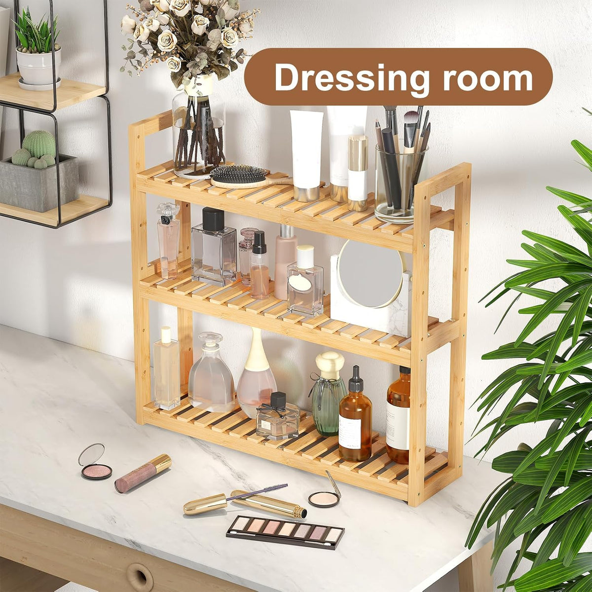 Bamboo Organizer Rack - Adjustable 3-Tier Storage Shelf, Wall Mounted or Over The Toilet, Living Room, Kitchen (Natural)