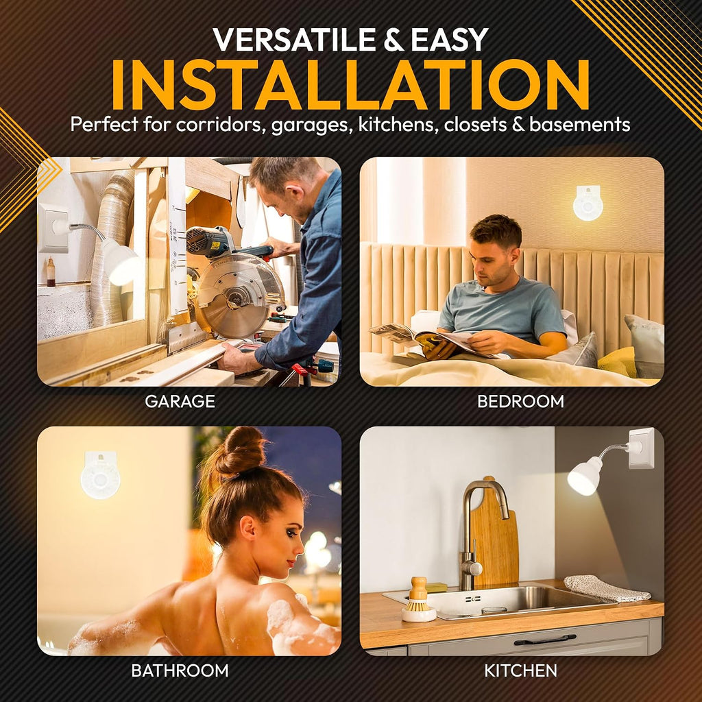 LED Motion-Activated Directional Rotating Flexible Sensor Dusk to Dawn Night Light AC Outlet Plug-in Wall Stair Lamp Indoor 360° Bedroom Hallway Stairway Garage Basement Corridor