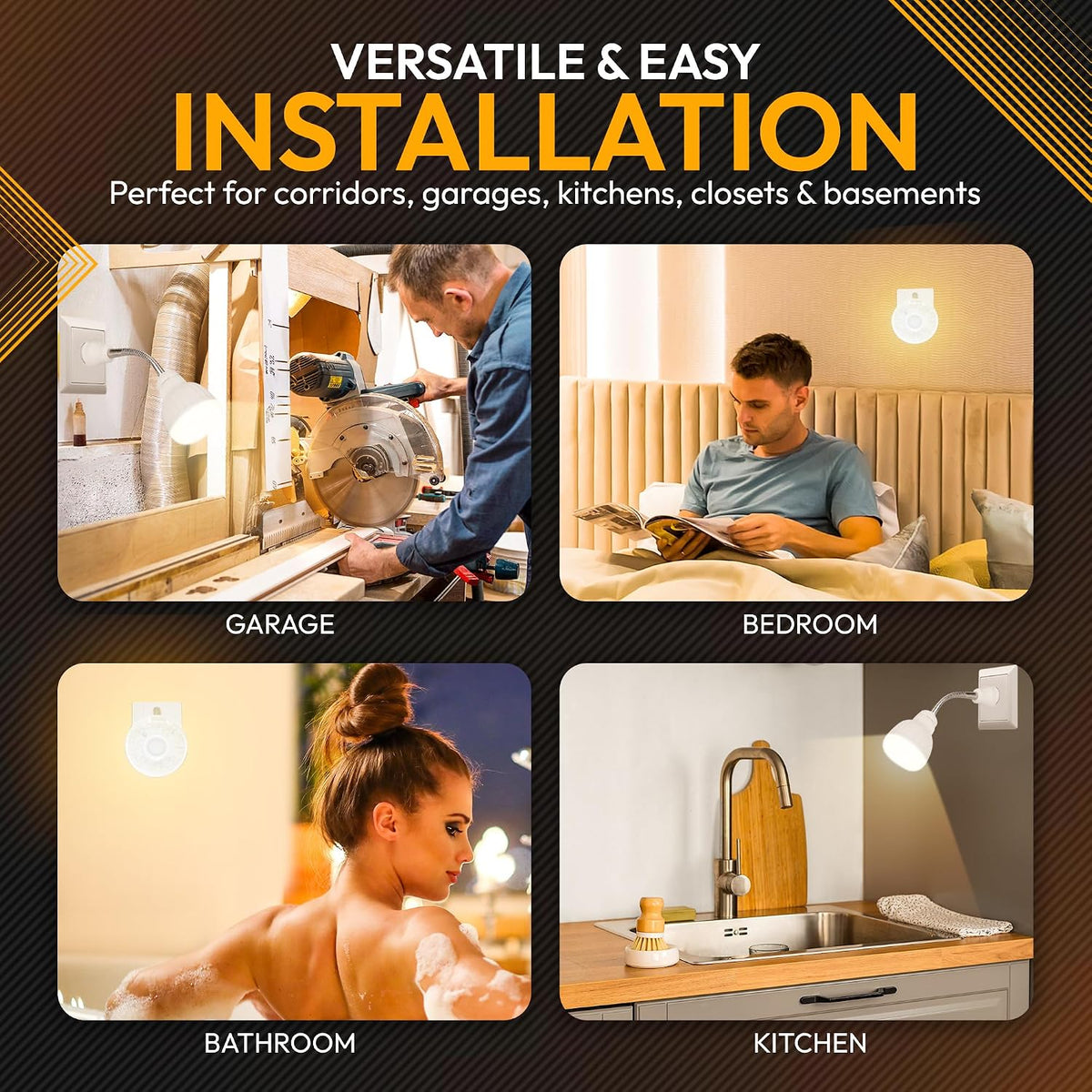 LED Motion-Activated Directional Rotating Flexible Sensor Dusk to Dawn Night Light AC Outlet Plug-in Wall Stair Lamp Indoor 360° Bedroom Hallway Stairway Garage Basement Corridor