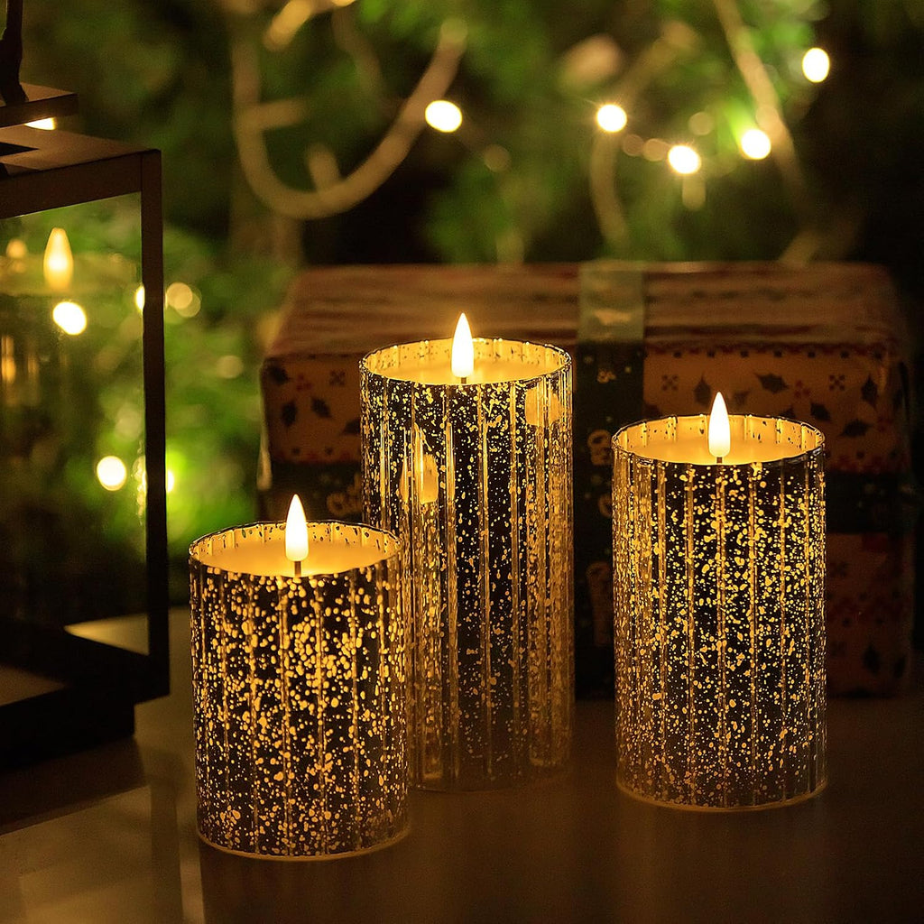 volnyus Silver Flameless Candles Set - 3 Pack(Φ 3" H 4" 5" 6") with Remote, Starscape Glass LED Night Lights for Home Decor, Wedding, Christmas Mantle,Battery Operated Flickering LED Pillar Candles