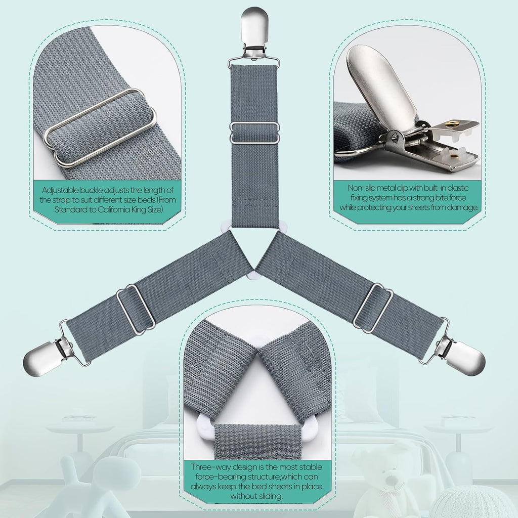 Bed Sheet Straps, Easy to Install Sheet Straps, Fitted Sheet Clips, Adjustable Sheet Fasteners, Say Goodbye to The Messy Sheets (Gray-4 Pcs)