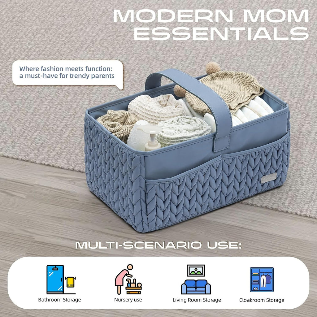 Luxurious Baby Diaper Caddy, Nursery Storage Basket for Newborn Essentials, Travel Baby Basket for Diapers Baby Wipes, Organizer Tote Bag Storage Bin, Baby Shower Gifts(ash blue)