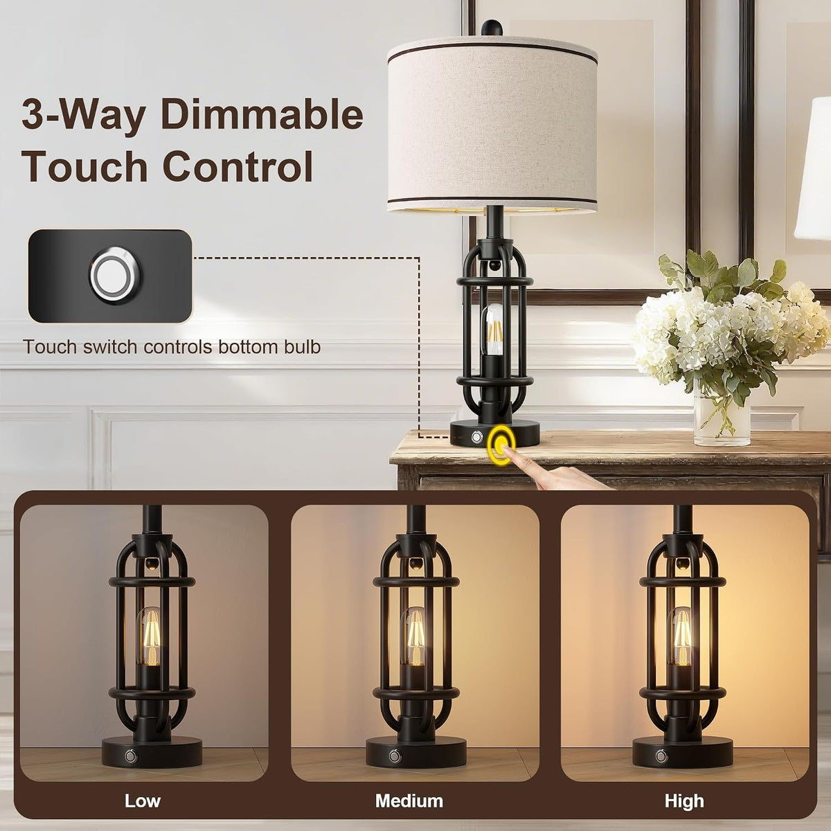 G-SAFAVA 24'' Table Lamps for Living Room Bedroom Industrial Touch Lamp with USB A+C Ports, Night Light Farmhouse Vintage Nightstand Bedside Lamps for Night Stands Metal Black, Bulbs Included